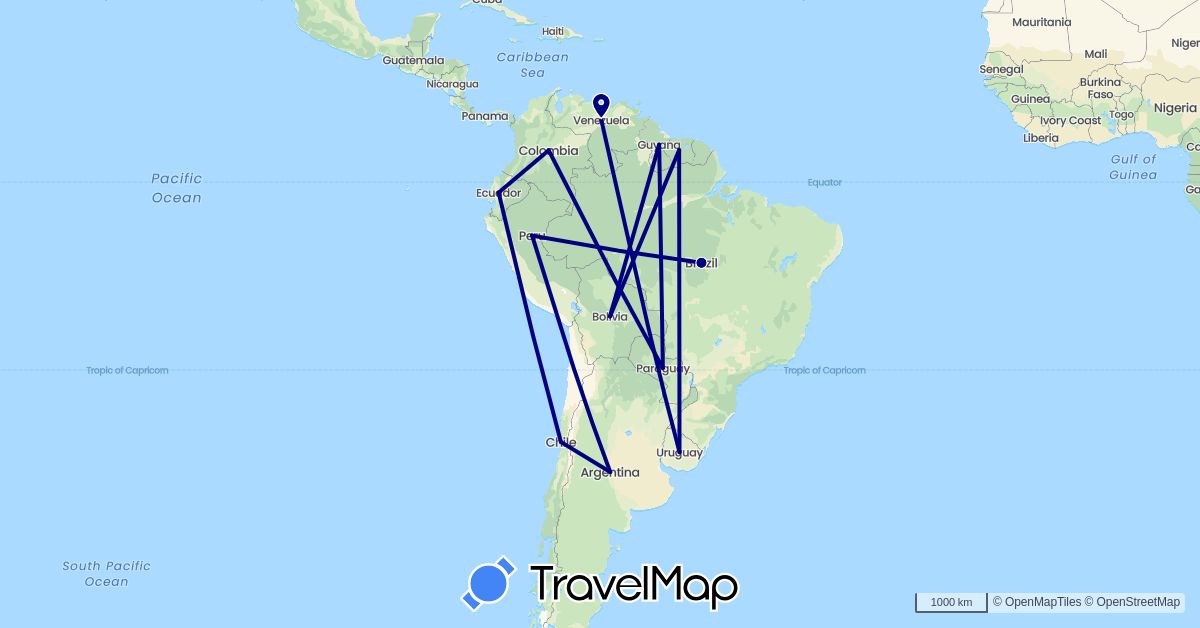 TravelMap itinerary: driving in Argentina, Bolivia, Brazil, Chile, Colombia, Ecuador, Guyana, Peru, Paraguay, Suriname, Uruguay, Venezuela (South America)