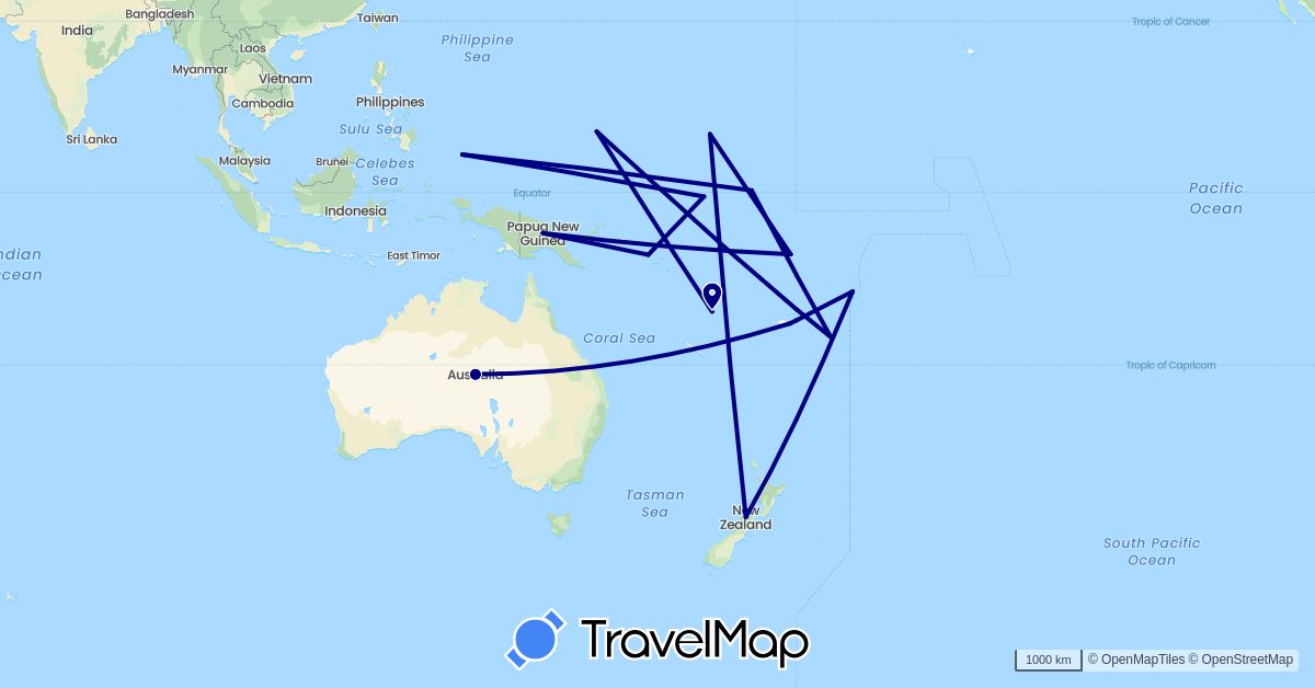 TravelMap itinerary: driving in Australia, Fiji, Micronesia, Kiribati, Marshall Islands, Nauru, New Zealand, Papua New Guinea, Palau, Solomon Islands, Tonga, Tuvalu, Vanuatu, Samoa (Oceania)